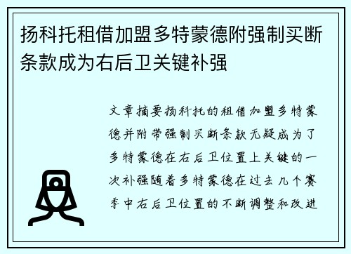扬科托租借加盟多特蒙德附强制买断条款成为右后卫关键补强 扬科托租借加盟多特蒙德附强制买断条款成为右后卫关键补强